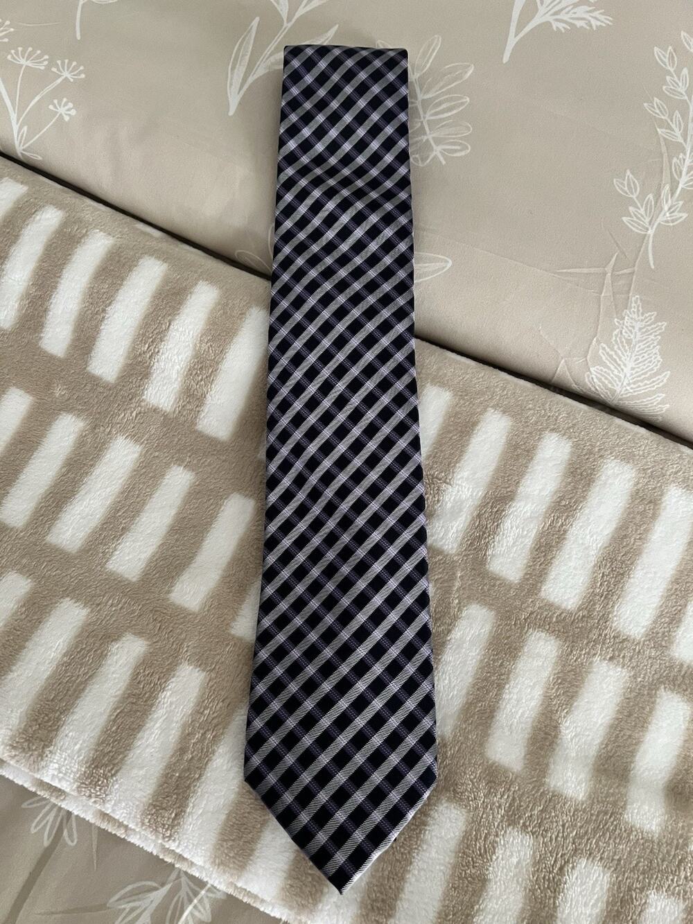 Tommy Hilfiger Mens Tie Purple Blk Plaid Silk Blend